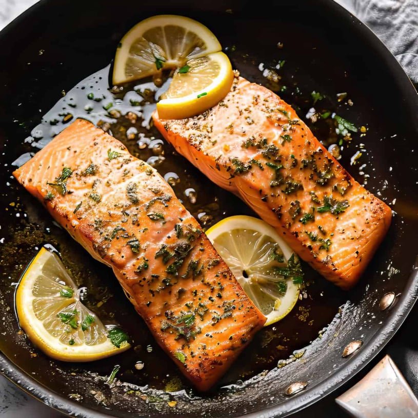 Special French-style butter-sauced grilled salmon